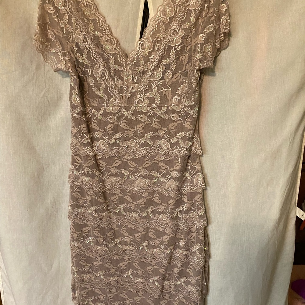Taupe lace with sequins cap sleeve dress - Picture 2 of 6